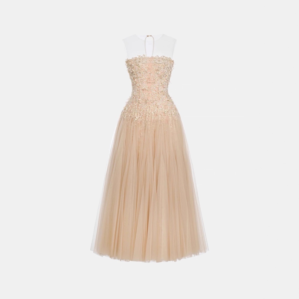 Lace flowers evening dress pinched waist slim long dress