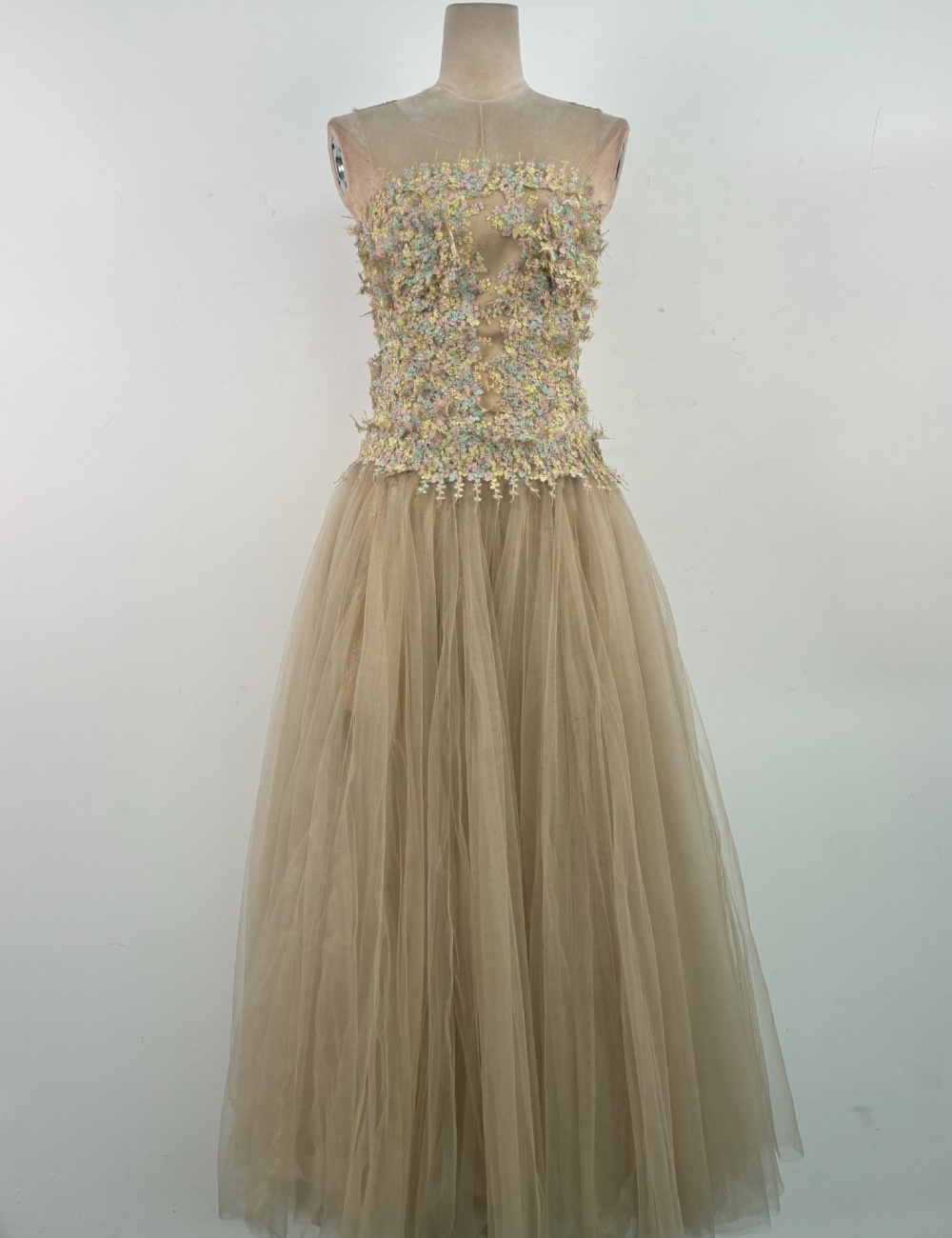 Lace flowers evening dress pinched waist slim long dress