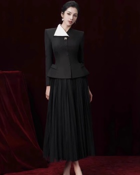 Lapel gauze coat mixed colors skirt 2pcs set