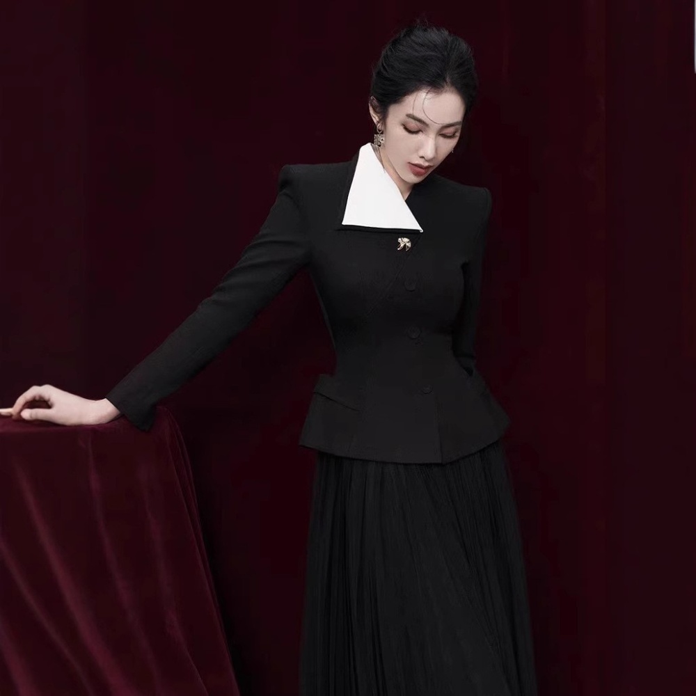 Lapel gauze coat mixed colors skirt 2pcs set