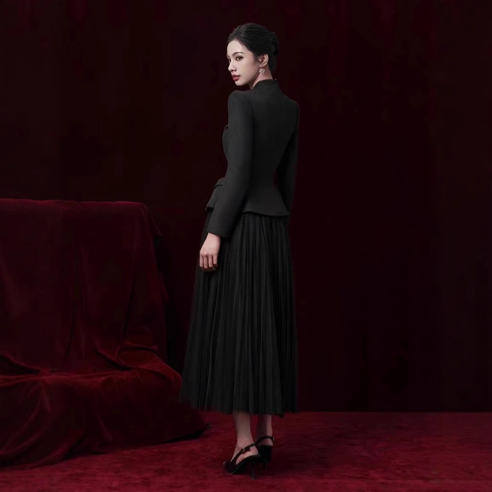 Lapel gauze coat mixed colors skirt 2pcs set