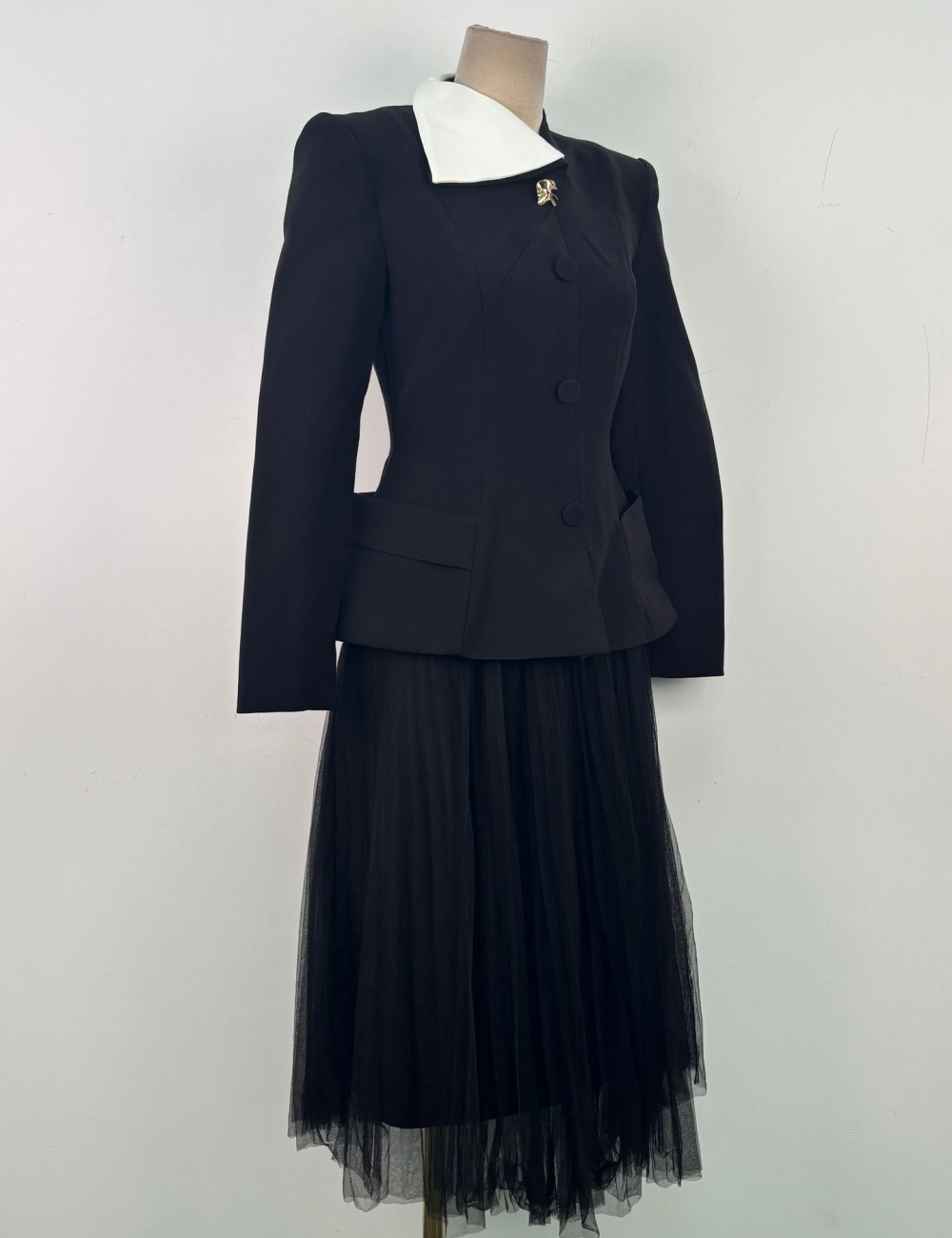 Lapel gauze coat mixed colors skirt 2pcs set