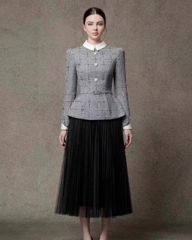 Plaid pinched waist skirt chanelstyle gauze tops 2pcs set