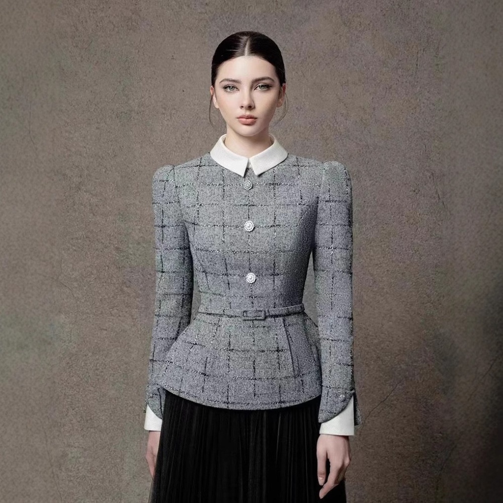 Plaid pinched waist skirt chanelstyle gauze tops 2pcs set