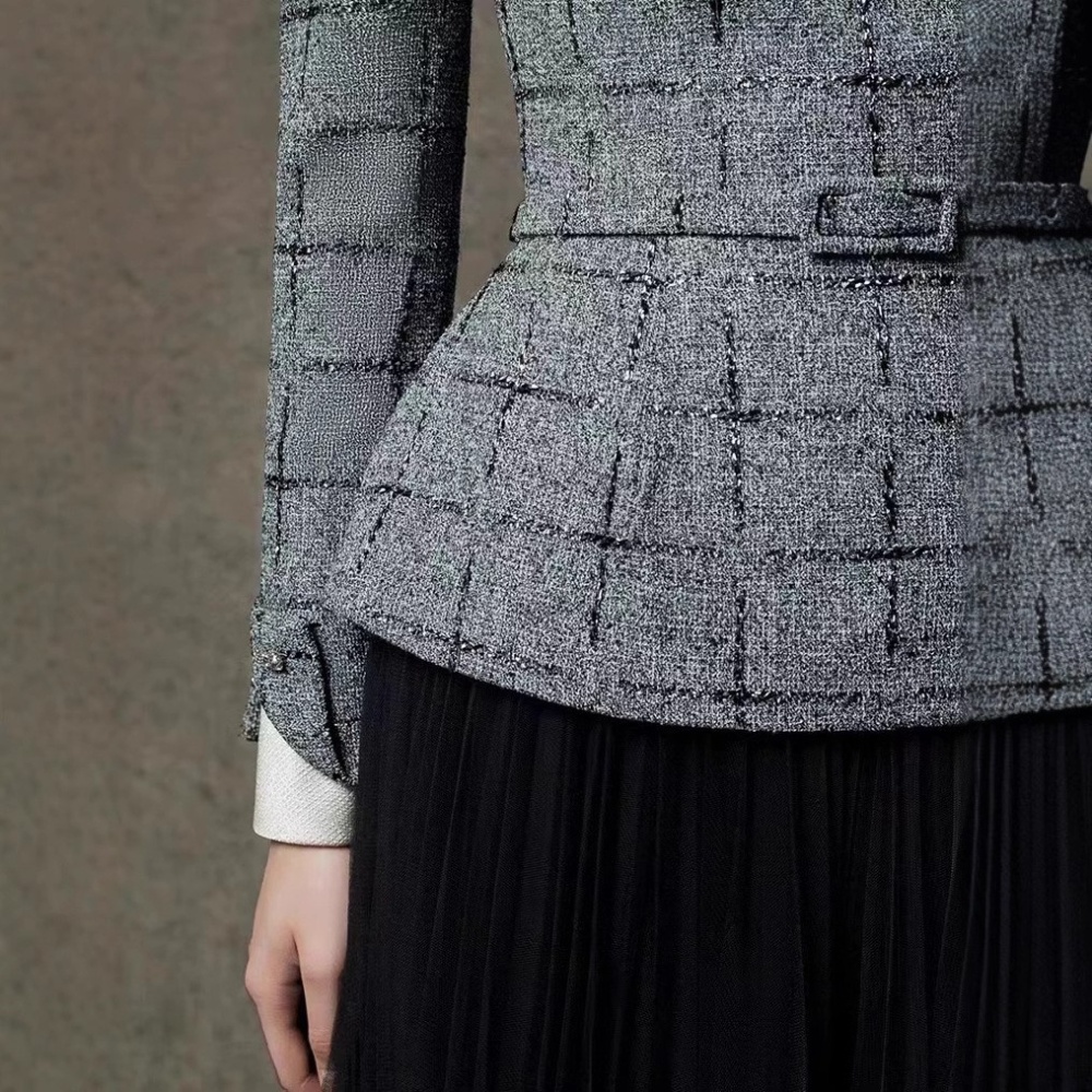 Plaid pinched waist skirt chanelstyle gauze tops 2pcs set