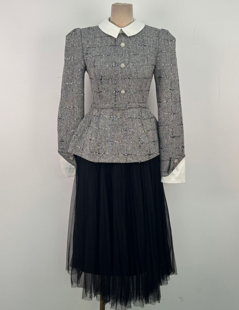 Plaid pinched waist skirt chanelstyle gauze tops 2pcs set