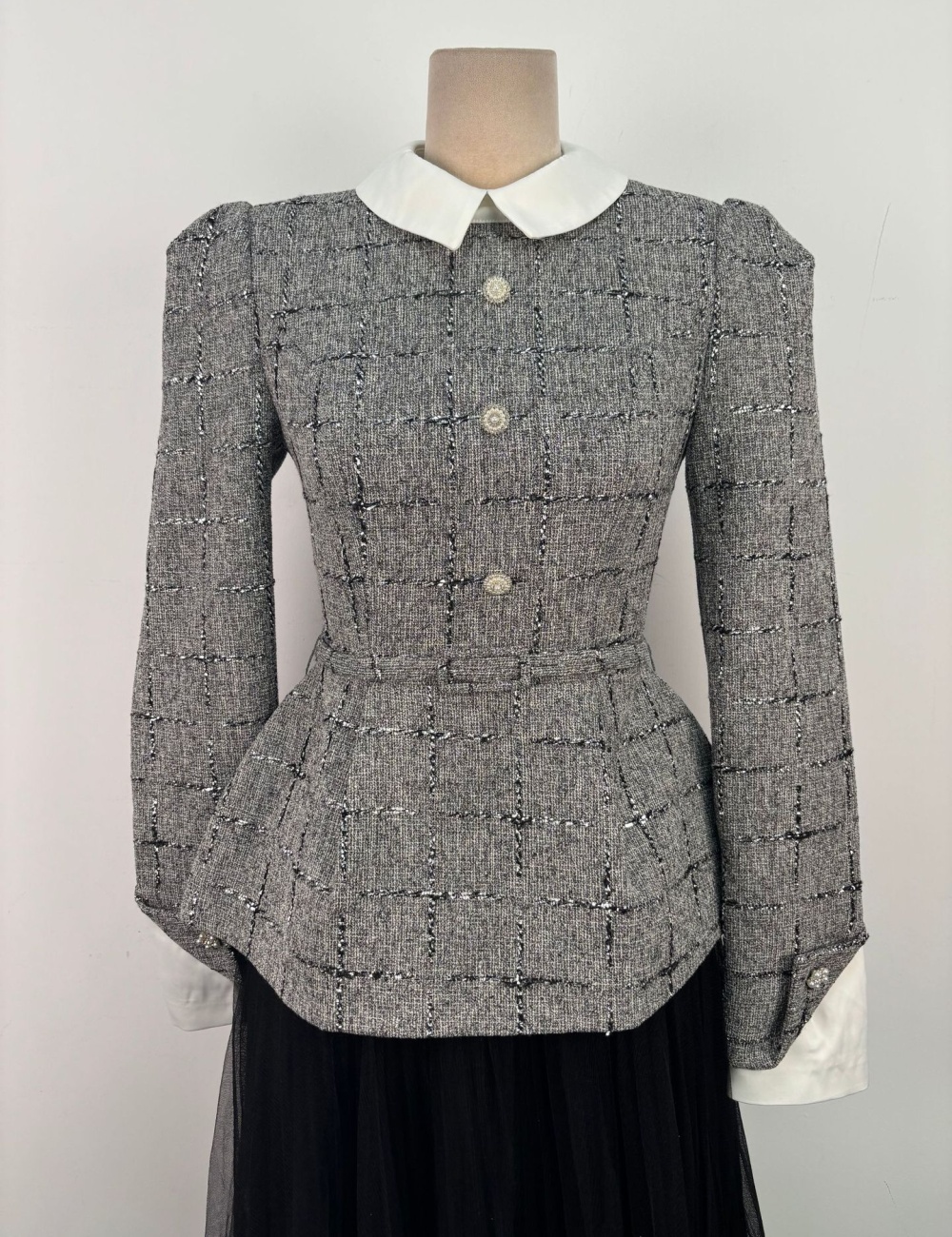 Plaid pinched waist skirt chanelstyle gauze tops 2pcs set