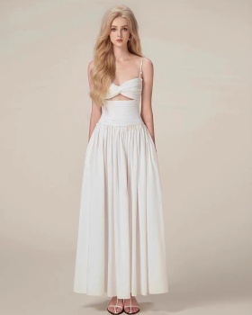 White niche sling long dress pleated big skirt dress