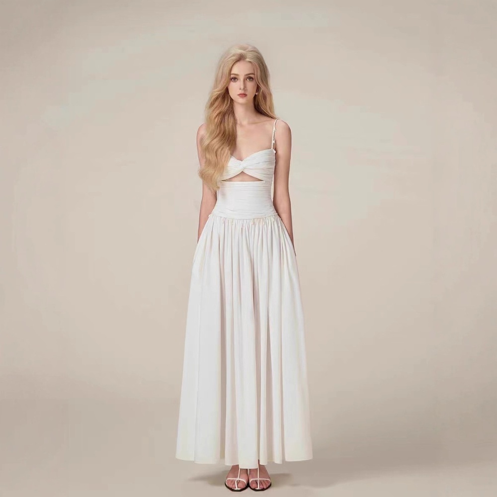 White niche sling long dress pleated big skirt dress