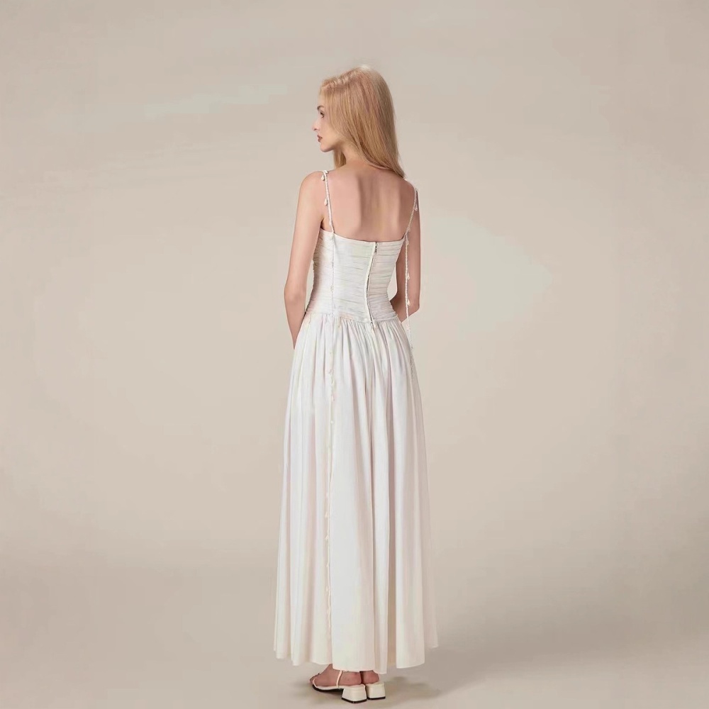 White niche sling long dress pleated big skirt dress