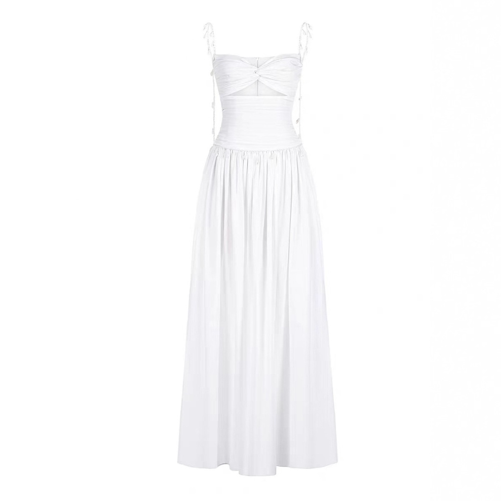 White niche sling long dress pleated big skirt dress