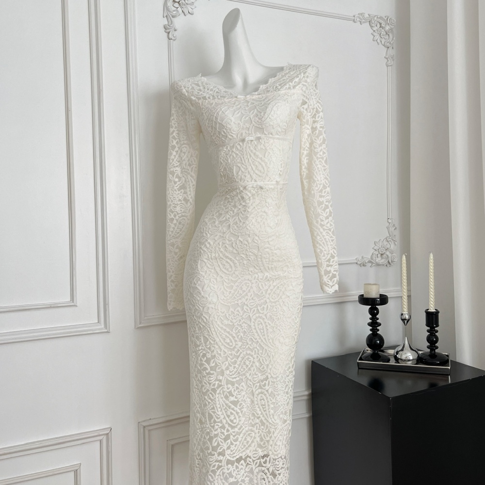 V-neck lace flat shoulder long sleeve beautiful split dress