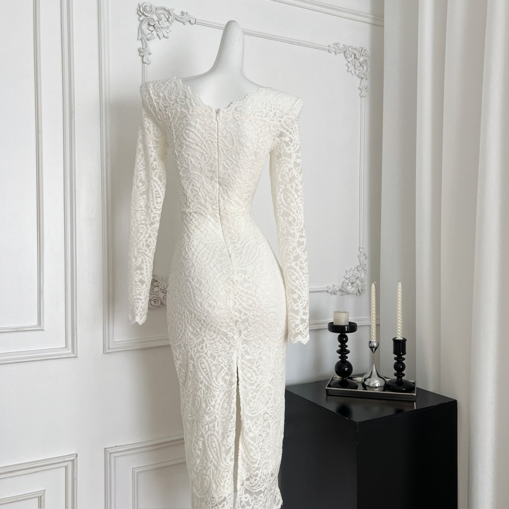 V-neck lace flat shoulder long sleeve beautiful split dress