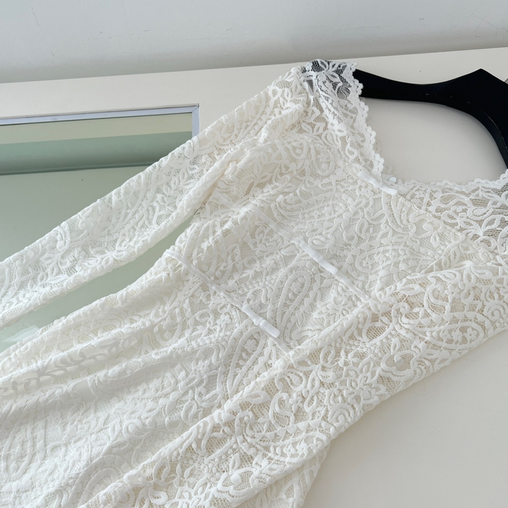 V-neck lace flat shoulder long sleeve beautiful split dress