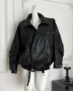 Black retro leather coat locomotive autumn jacket for women