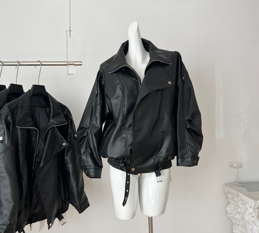 Black retro leather coat locomotive autumn jacket for women