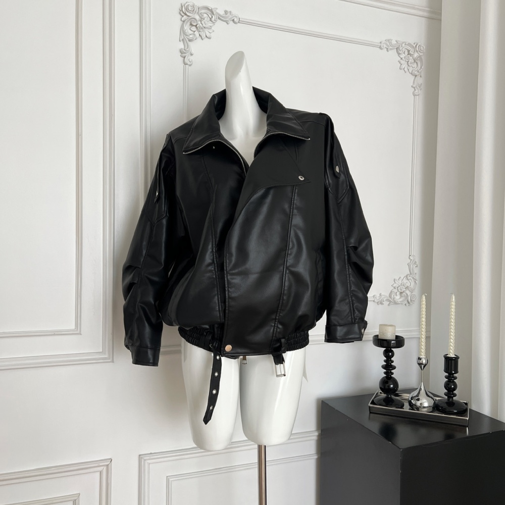 Black retro leather coat locomotive autumn jacket for women