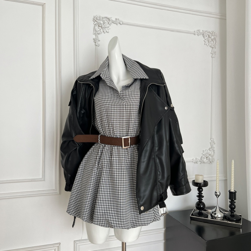 Black retro leather coat locomotive autumn jacket for women