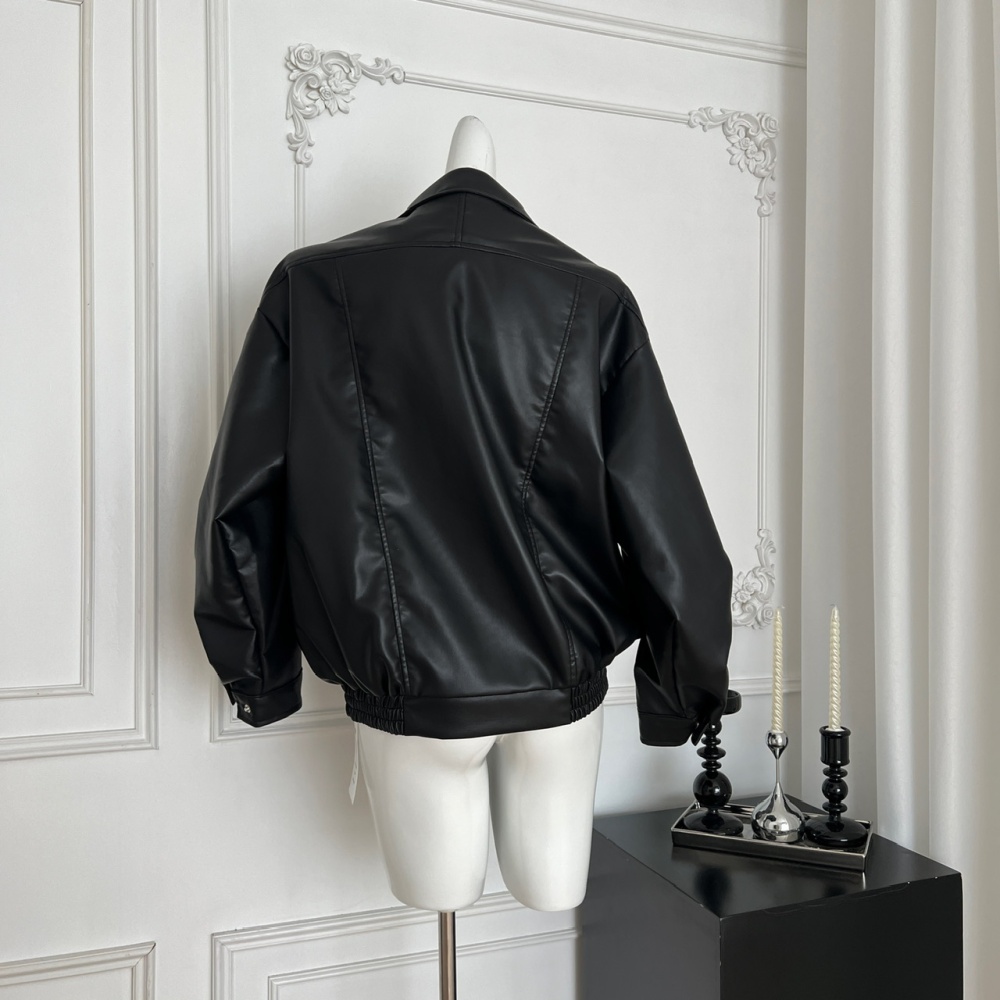 Black retro leather coat locomotive autumn jacket for women