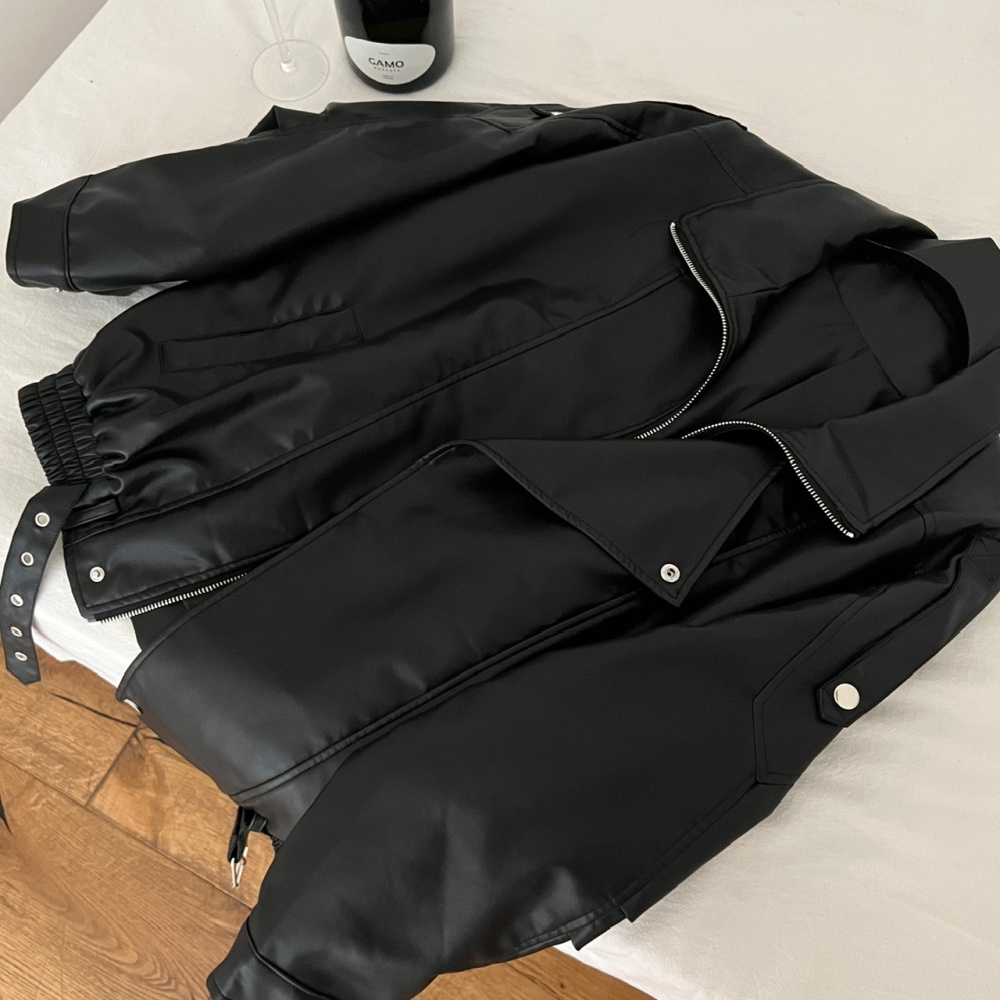 Black retro leather coat locomotive autumn jacket for women
