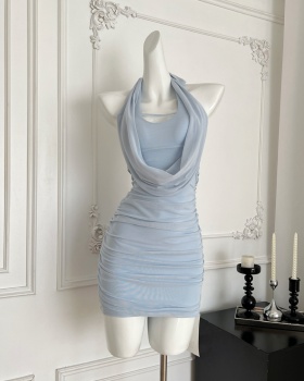 Fold summer package hip T-back halter sling dress