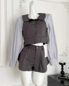 Pseudo-two shorts doll collar uniform 2pcs set for women
