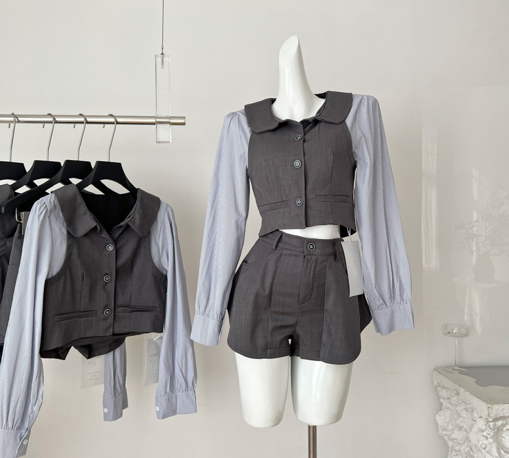 Pseudo-two shorts doll collar uniform 2pcs set for women