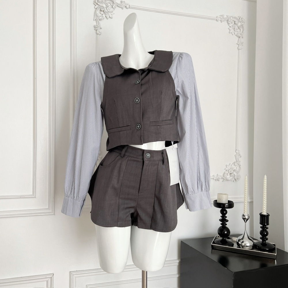 Pseudo-two shorts doll collar uniform 2pcs set for women