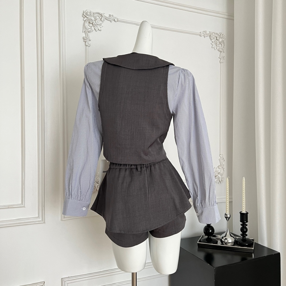 Pseudo-two shorts doll collar uniform 2pcs set for women