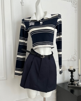 Long sleeve navy style skirt stripe T-shirt a set