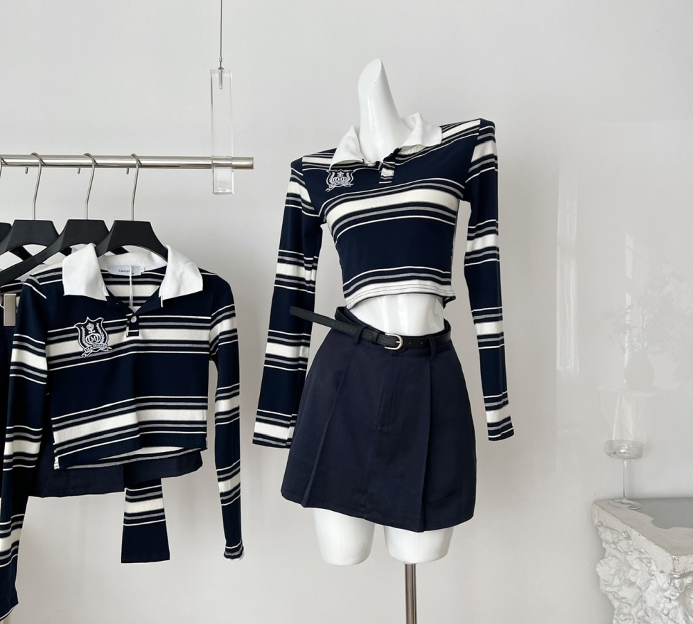 Long sleeve navy style skirt stripe T-shirt a set