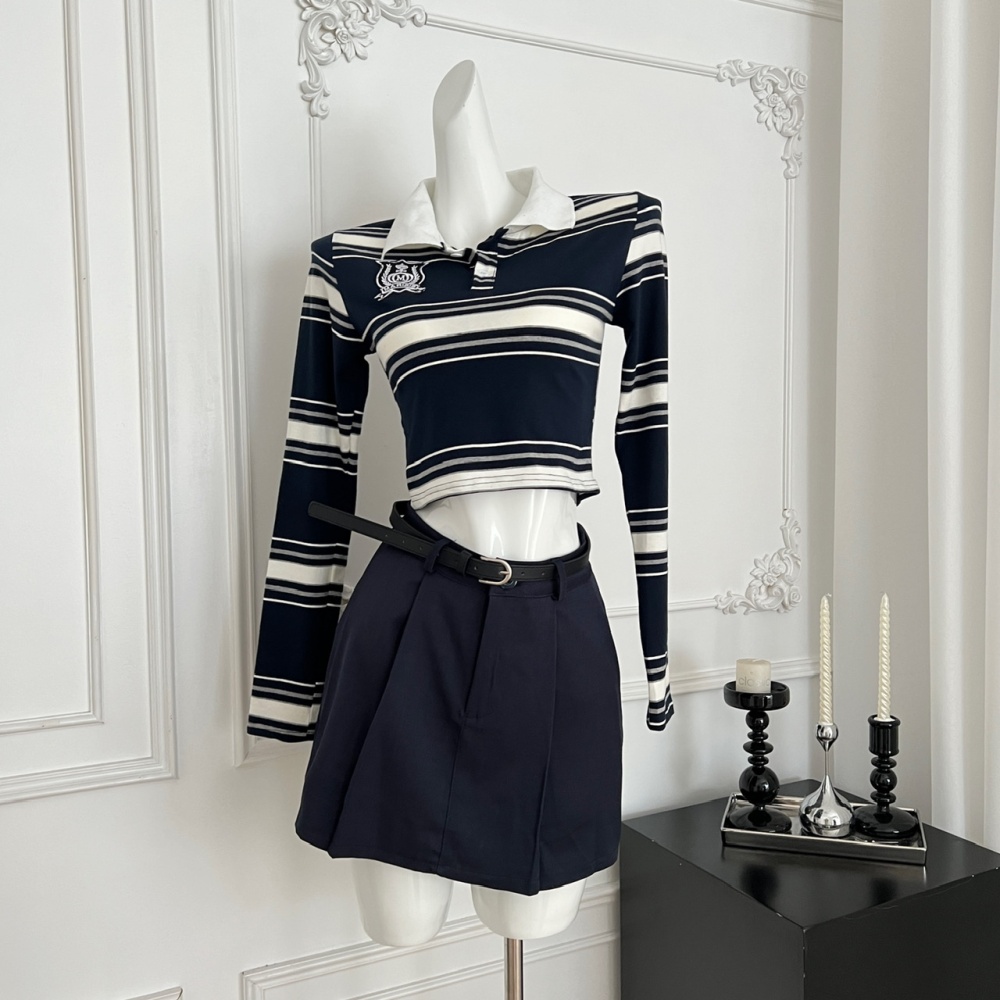 Long sleeve navy style skirt stripe T-shirt a set