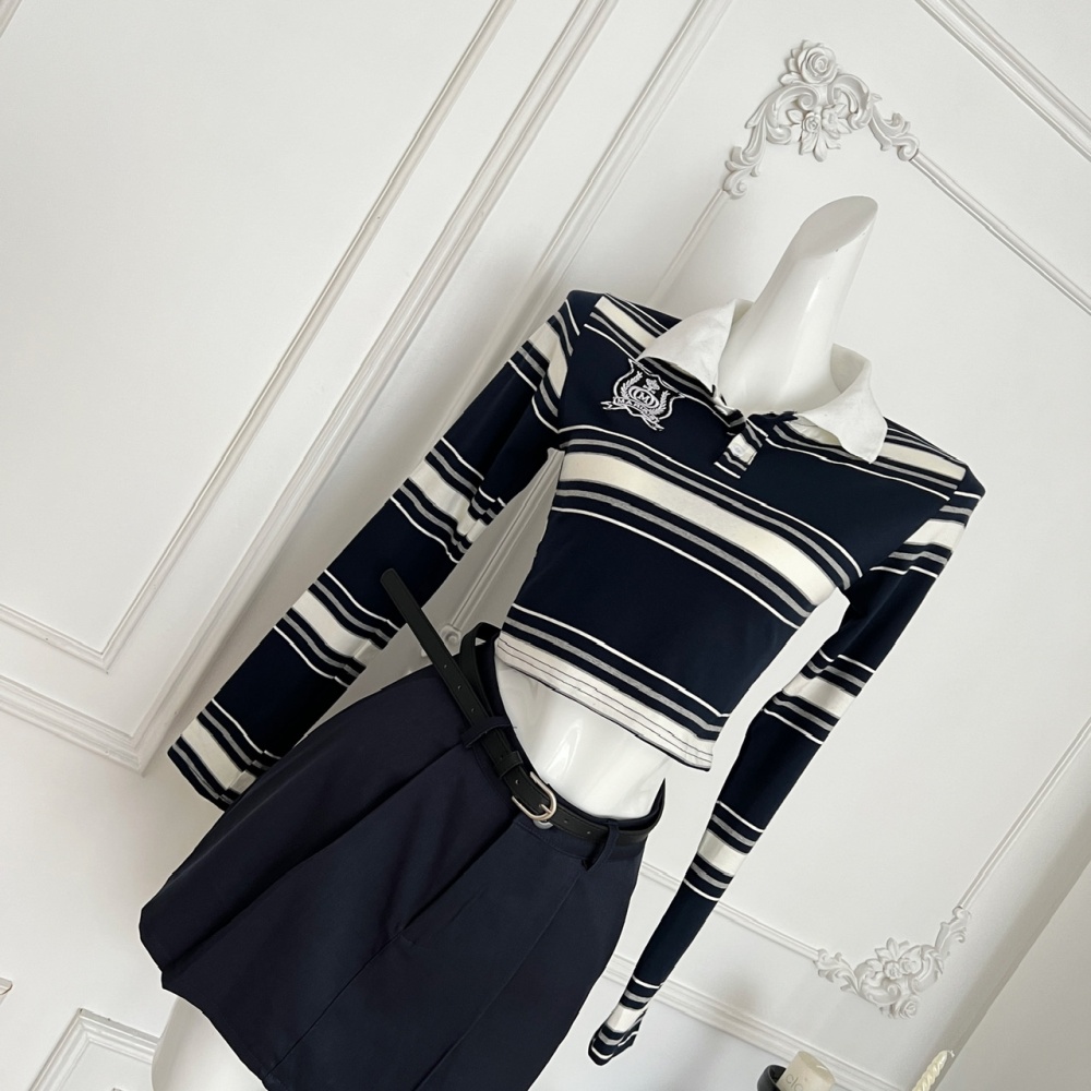 Long sleeve navy style skirt stripe T-shirt a set