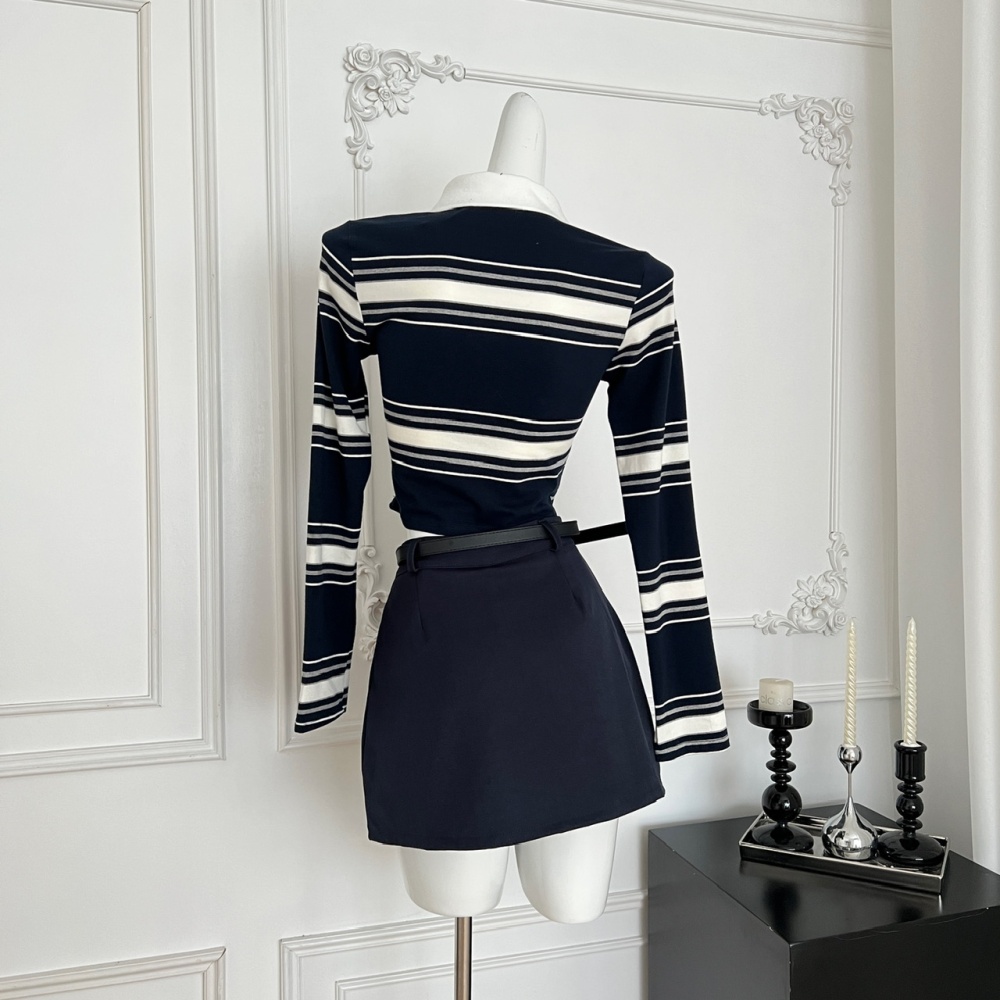 Long sleeve navy style skirt stripe T-shirt a set