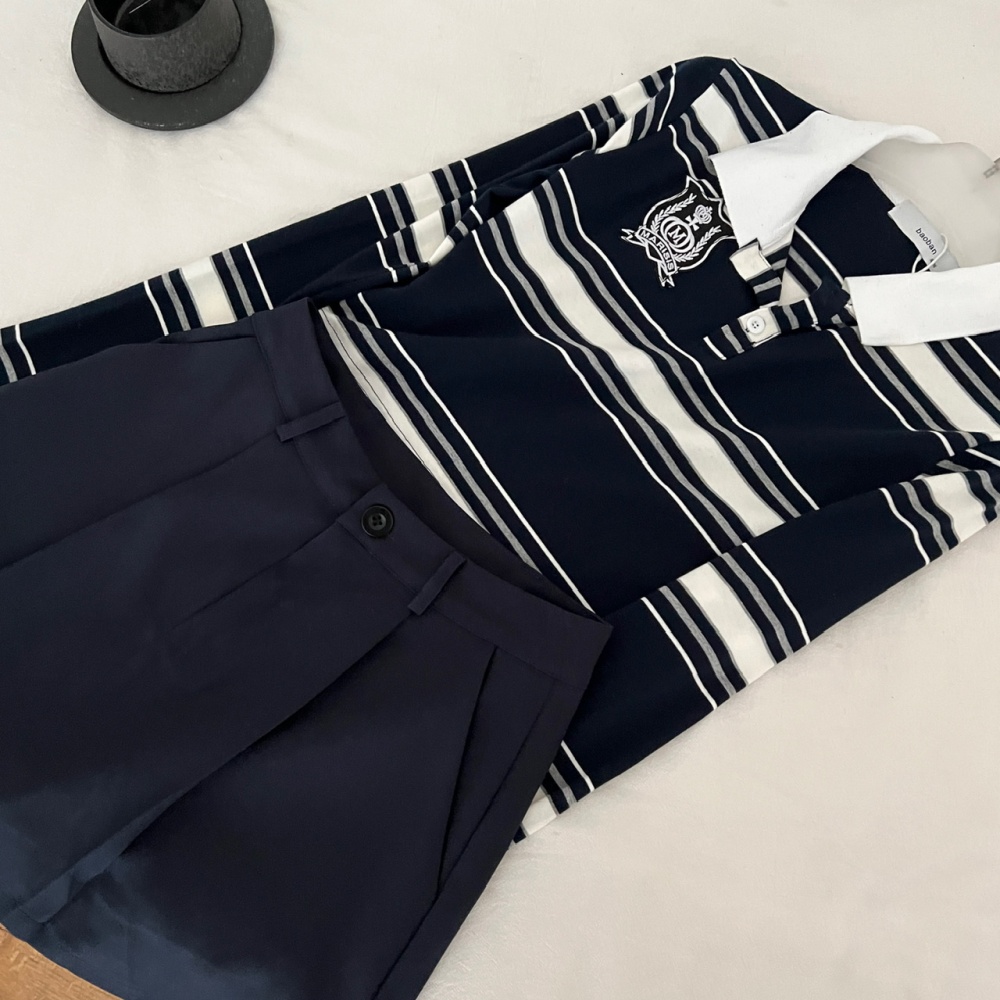 Long sleeve navy style skirt stripe T-shirt a set