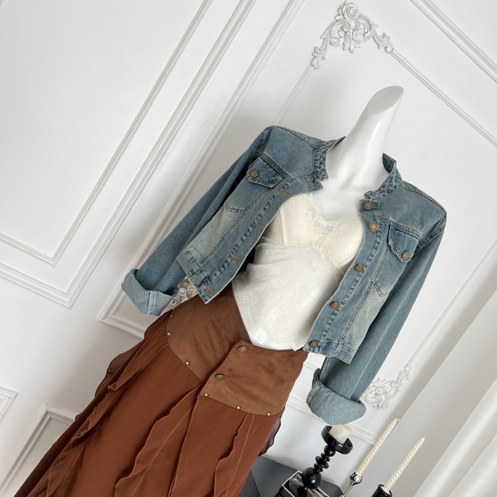 Denim autumn washed skirt short retro coat 2pcs set