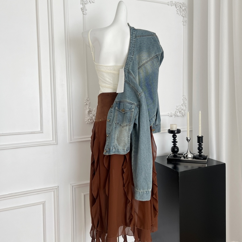 Denim autumn washed skirt short retro coat 2pcs set