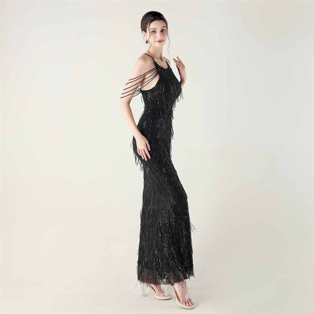 Set beads tassels sequins banquet stereoscopic evening dress