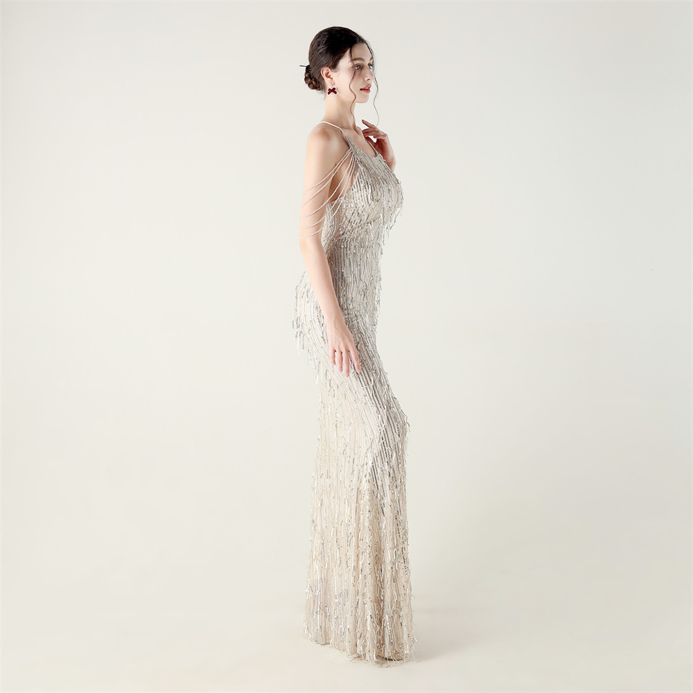 Set beads tassels sequins banquet stereoscopic evening dress