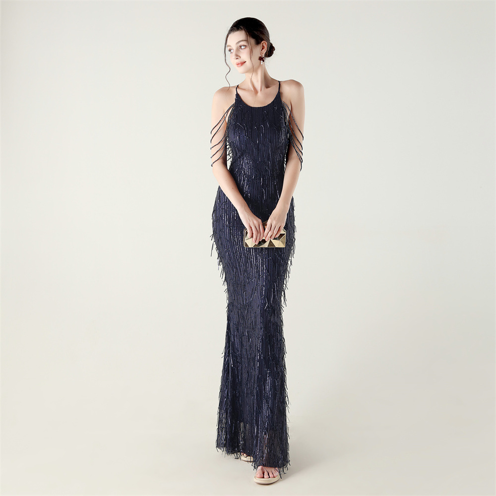 Set beads tassels sequins banquet stereoscopic evening dress