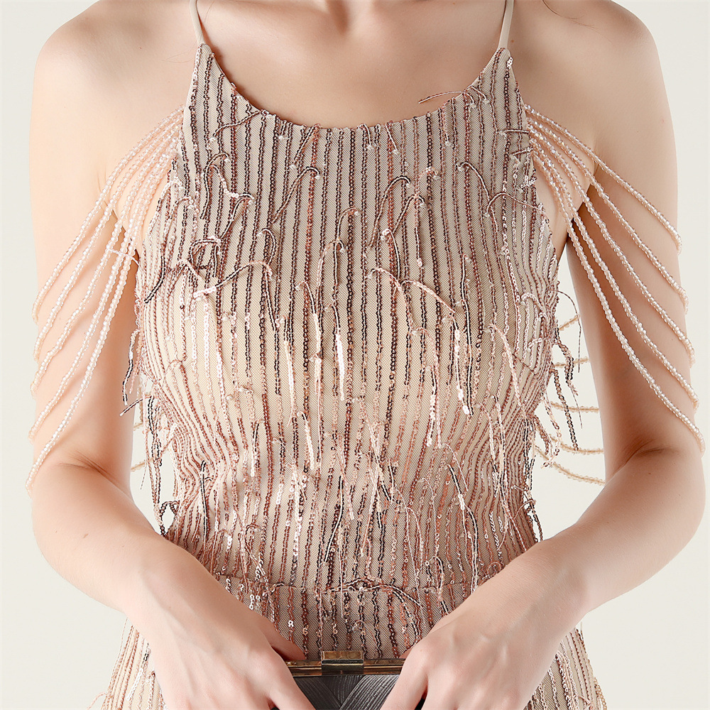 Set beads tassels sequins banquet stereoscopic evening dress