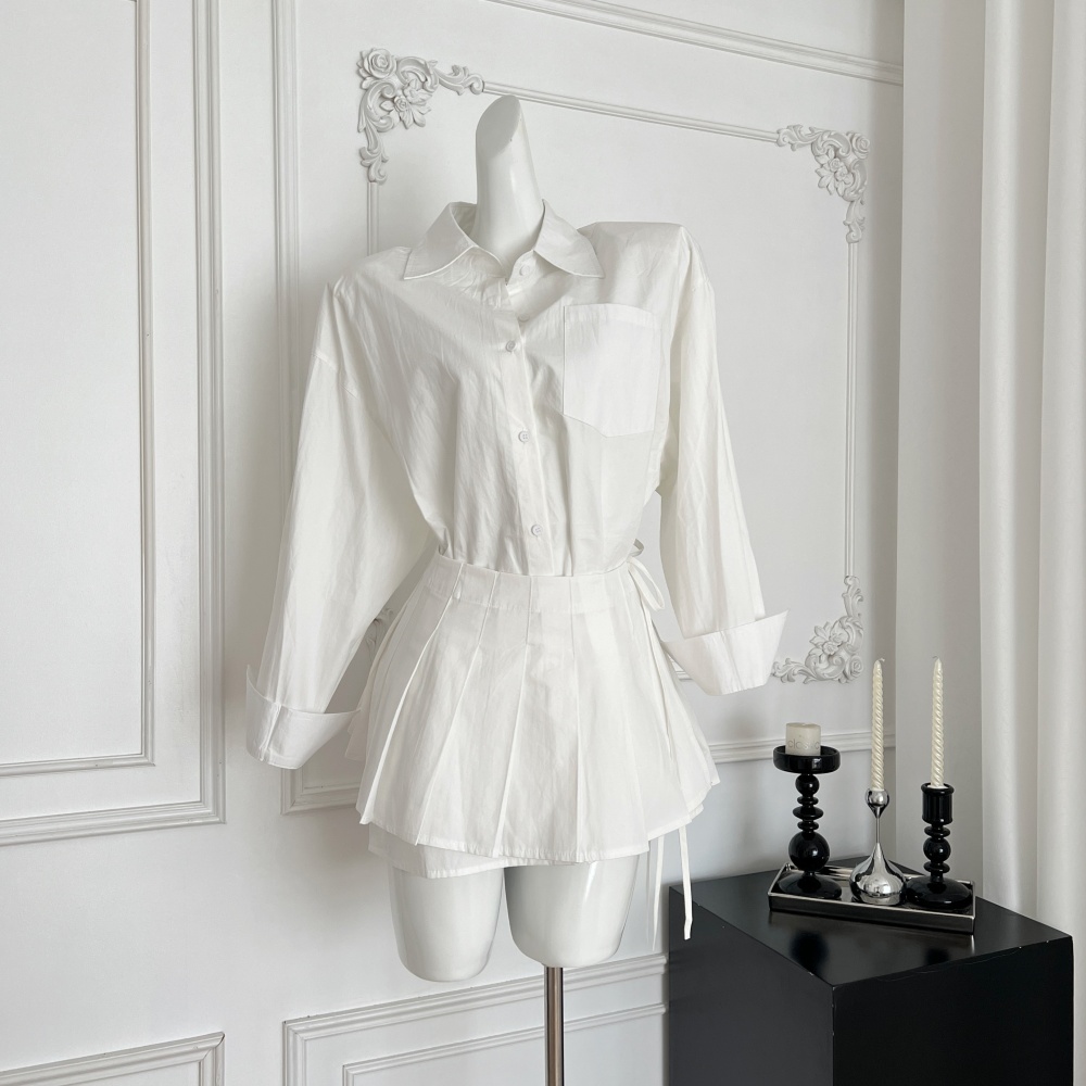 Autumn high waist short skirt pocket shirt 2pcs set