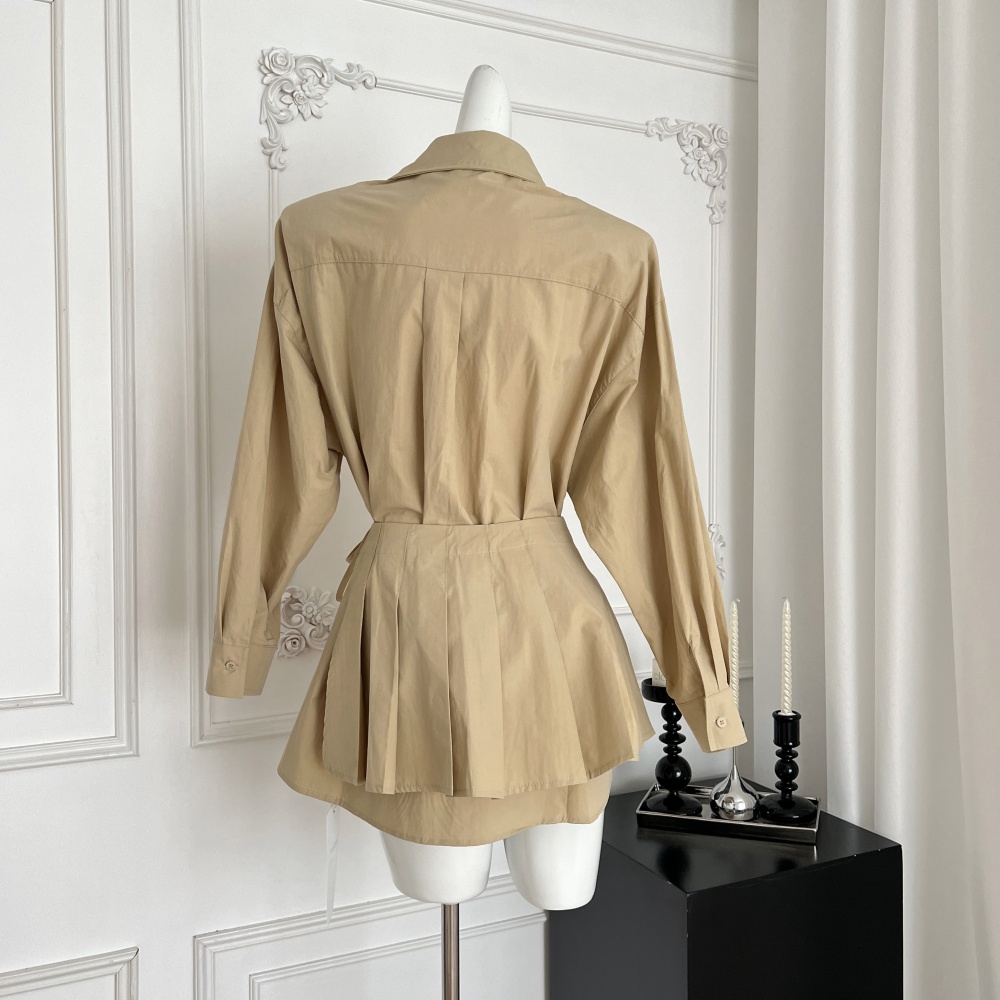 Autumn high waist short skirt pocket shirt 2pcs set