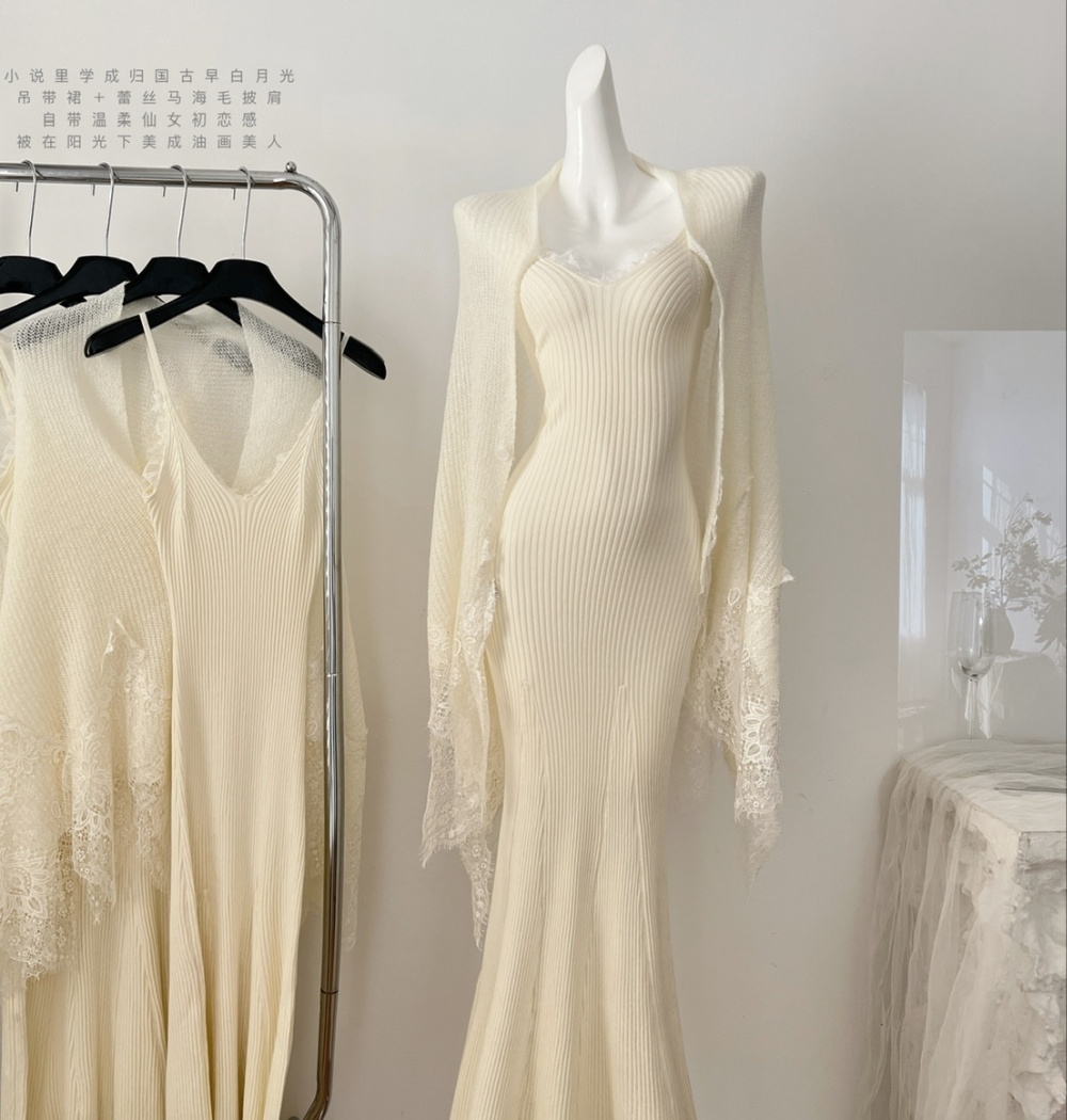 Mohair lace dress splice sling shawl a set
