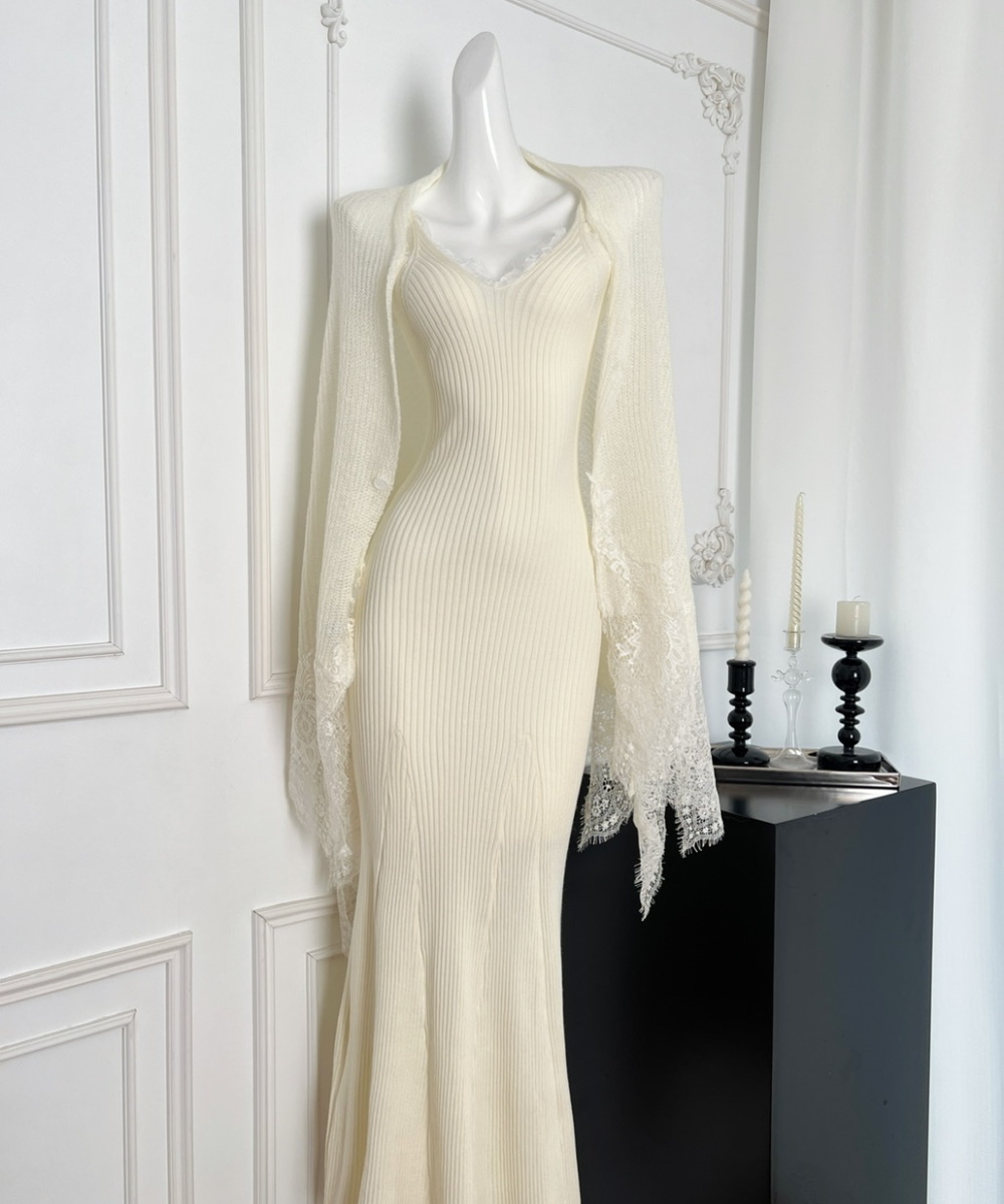 Mohair lace dress splice sling shawl a set