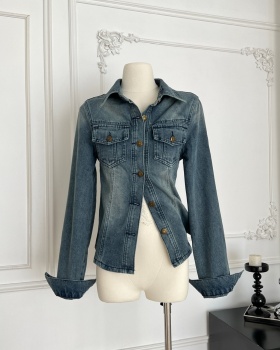 Retro denim tops slim pinched waist coat for women