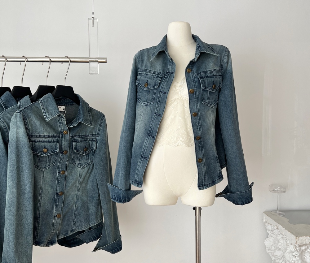 Retro denim tops slim pinched waist coat for women