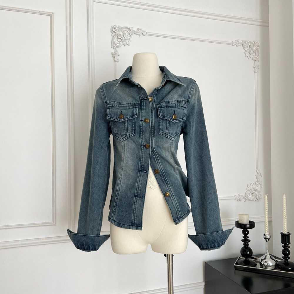 Retro denim tops slim pinched waist coat for women