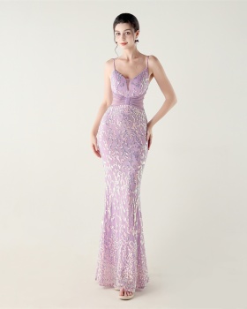 Sequins medium waist hollow slim V-neck evening dress