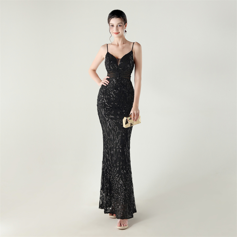Sequins medium waist hollow slim V-neck evening dress